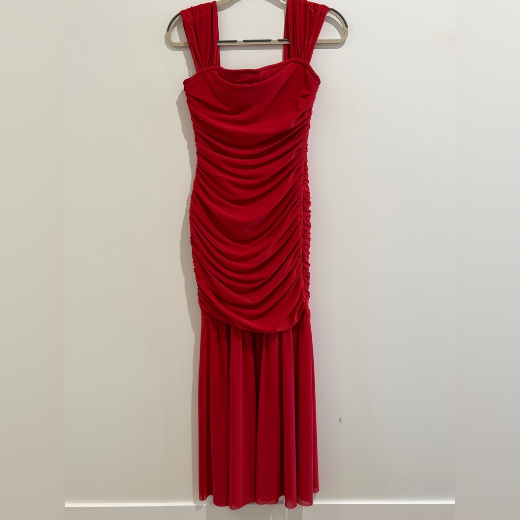Elliatt Capra Mesh Scarlet Ruched Strapless Maxi Dress